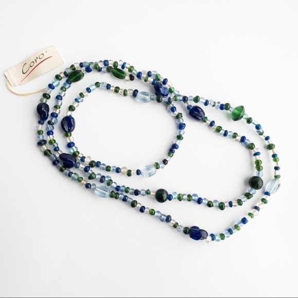 Vintage Coro Necklace Beaded Glass Long Flapper Necklace Blue Green Clear - Picture 9 of 10